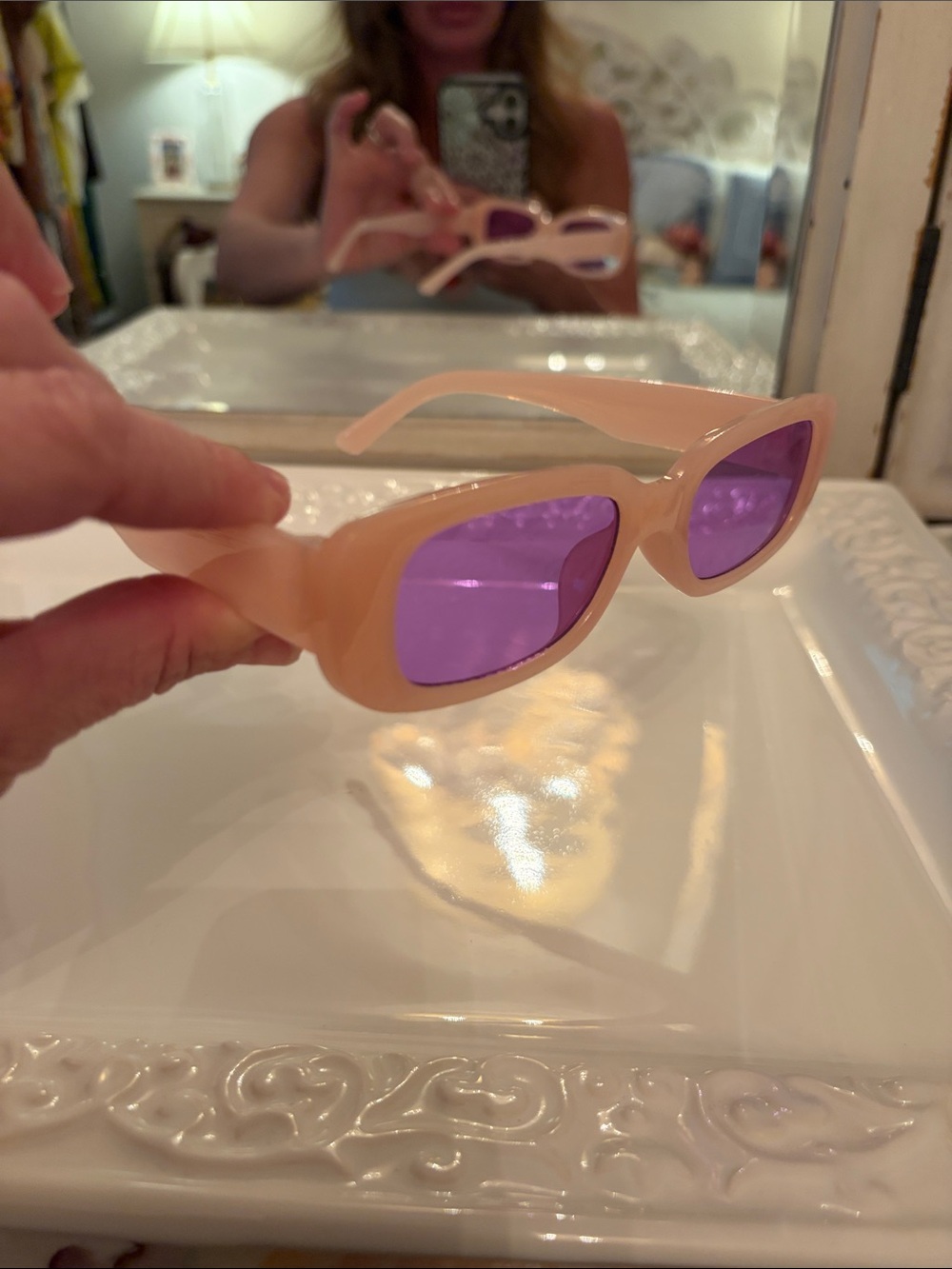 Peach Frame Sunglasses with Purple Lenses — Women’s Fashion Accessory